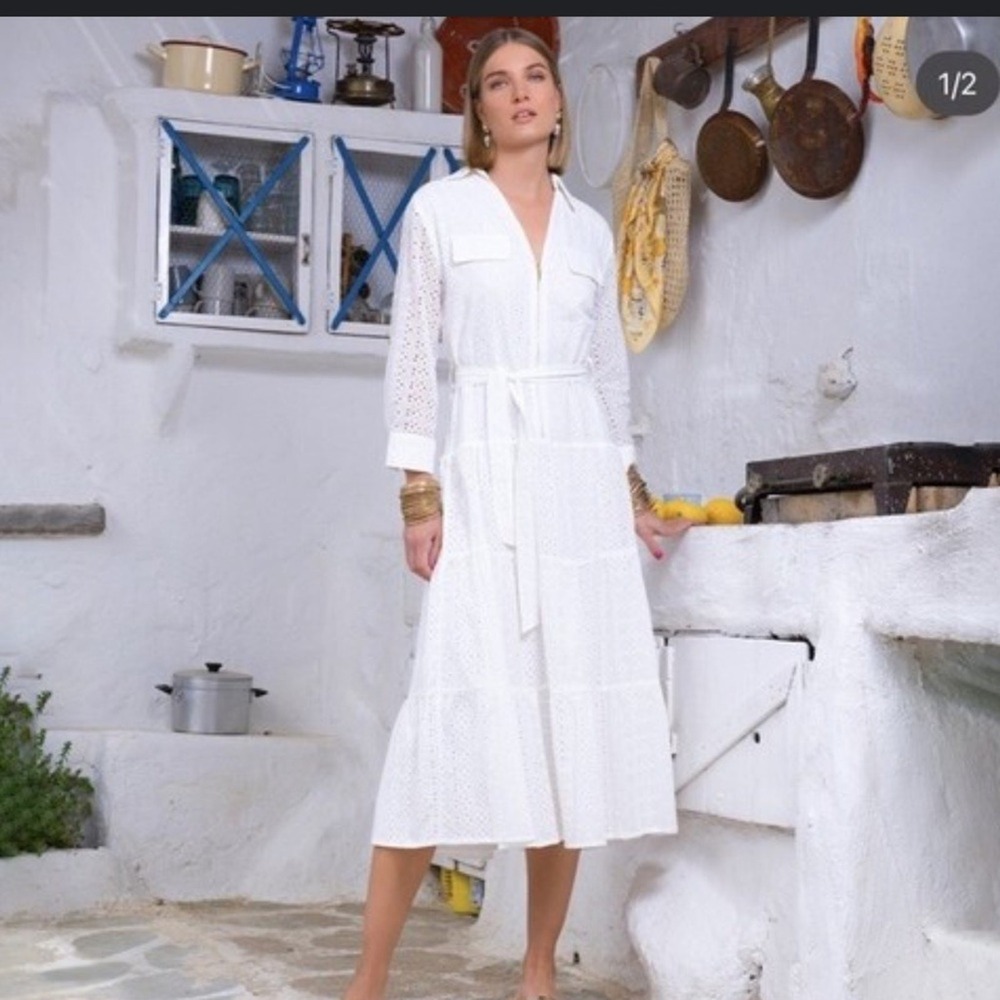 Zara SZ Medium White Midi Dress with Eyelet ‎ Embroidery belted waist